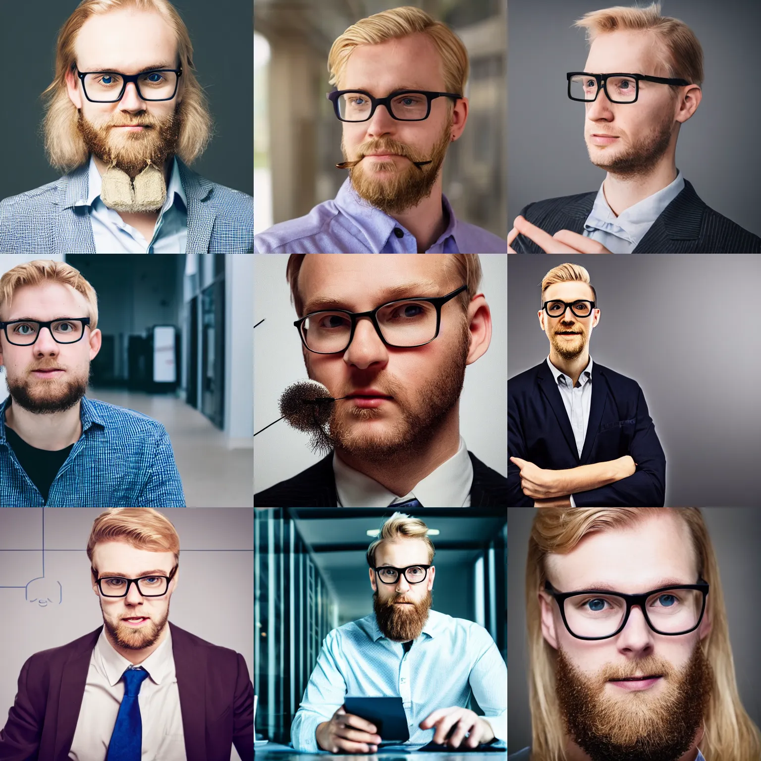 Prompt: a blonde finnish man working for a tech consultancy company, glasses, circle beard