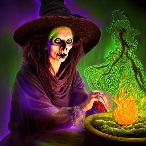 Image similar to a portrait of a scary ugly witch that is brewing a wicked potion in her cauldron that is marked with magical symbol that are glowing, highly detailed, digital photo, hdri, by christopher bretz and john carpenter, vivid colors, high contrast, 8 k resolution, intricate, photorealistic, smooth, psychedelic color scheme, concept art, award winning, cg society contest winner