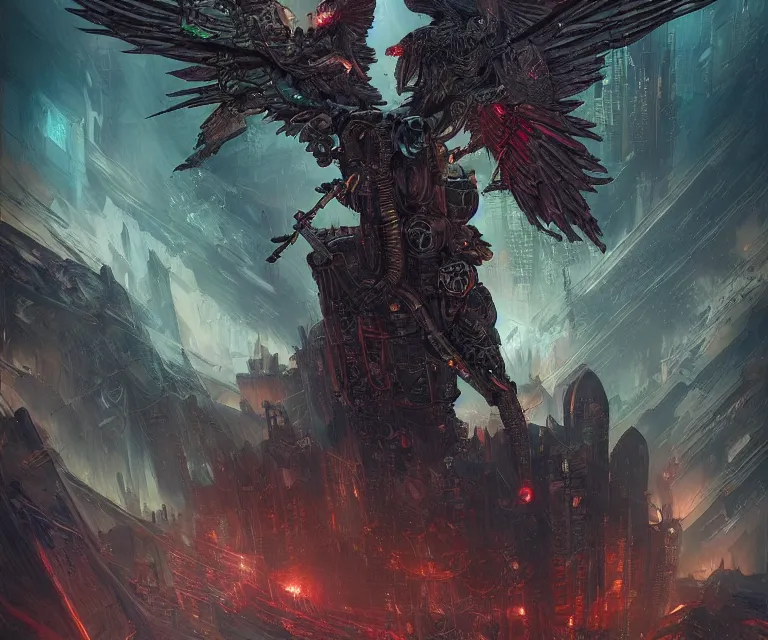 Prompt: a beautiful tarot card artwork of a cyberpunk fallen dark seraphim, horror, backlit, gloomy sky, highly detailed, digital painting, glorious wings, by eddie mendoza and greg rutkowski and dan mumford and artgerm, vivid colors, detailed shading, 8 k resolution, intricate, smooth