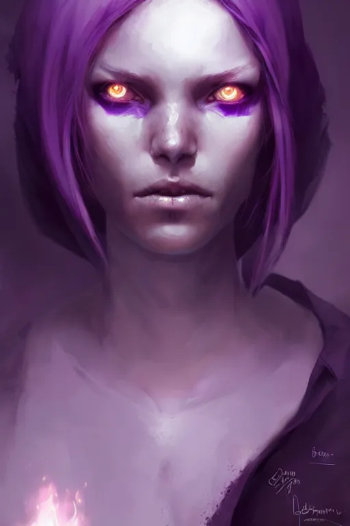 Image similar to character art by bastien lecouffe - deharme, young woman, purple hair, glowing purple eyes