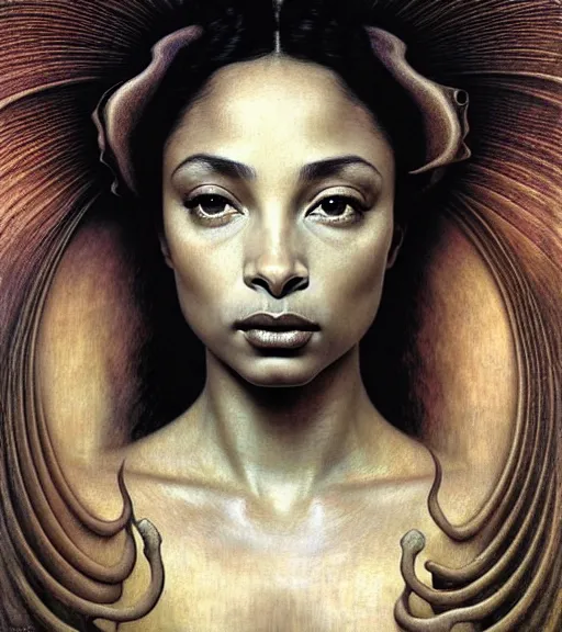 Image similar to detailed realistic beautiful young sade adu face portrait by jean delville, gustave dore and marco mazzoni, art nouveau, symbolist, visionary, gothic, pre - raphaelite. horizontal symmetry by zdzisław beksinski, iris van herpen, raymond swanland and alphonse mucha. highly detailed, hyper - real, beautiful