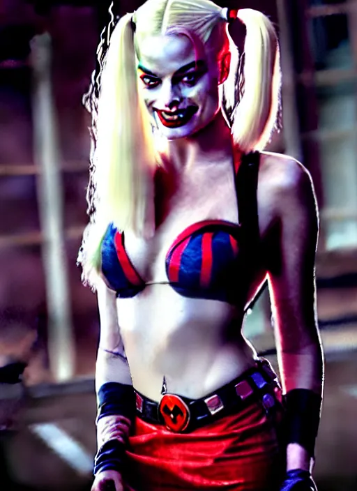Image similar to 2 8 mm photo of seductive beautiful suicide squad happy margot robbie with long white hair that looks like harley quinn standing on the wet street of gotham city, seductive camisole, pinup model, glamour fashion pose, cinematic, volumetric lighting octane, arney freytag,