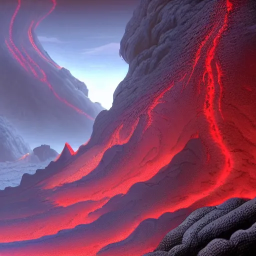 Image similar to a volcanic lava mountain canyon on an alien world, matte painting, dynamic lighting, cel shading, trending on artstation