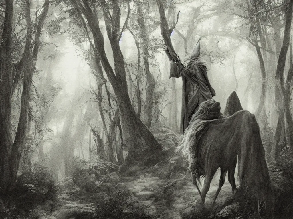 Prompt: Gandalf the Grey travelling in the forest, neo-romanticism