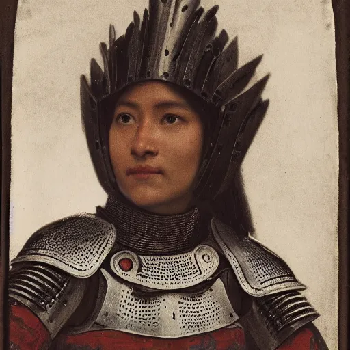 Prompt: head and shoulders portrait of a female knight, quechua!, lorica segmentata, cuirass, tonalist, symbolist, realistic, ambrotype, baroque, contre - jour, detailed, modeled lighting, vignetting, indigo and venetian red, angular, smiling, eagle