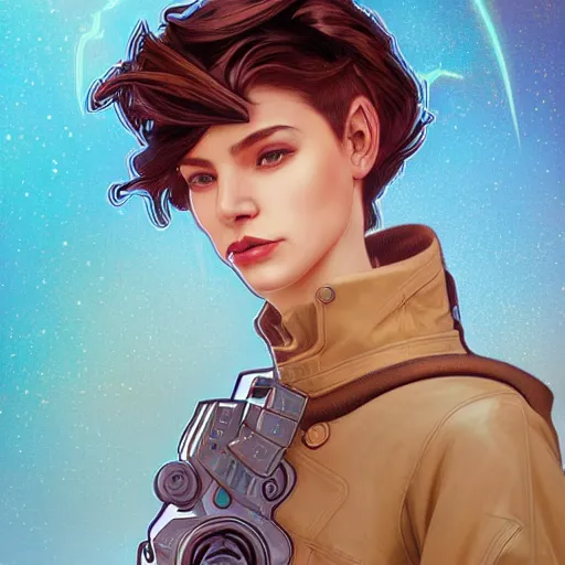 Prompt: portrait of a beautiful androgynous cyberpunk space ranger, tomboy style, soft lightning, high detailed, 8 k, artstation, by lane brown, by alphonse mucha, by sora kim, by helena nikulina,