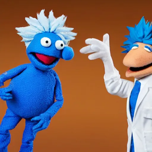 Image similar to rick sanchez with blue hair, wearing a white lab coat as a muppet. hyper real. 4 k. very detailed.