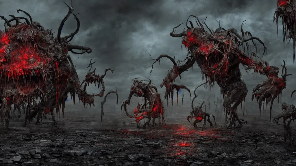 Prompt: horrific mutated demonic abominations feasting upon the heart of of the world, unreal engine 5, harrowing apocalyptic atmosphere, photorealistic, unnerving, hyperdetailed 3d matte painting, hyperrealism, hyperrealistic, cinematic masterpiece, fantasy horror style 8k ultrahd octane render