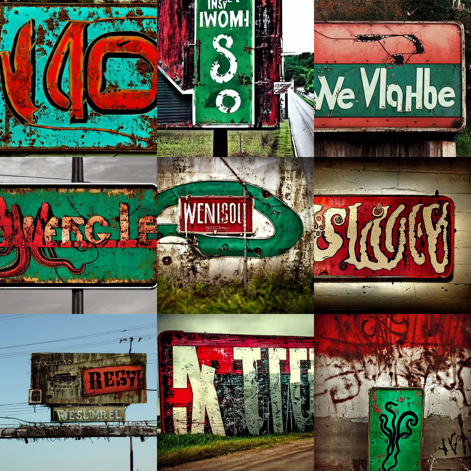 Prompt: rusty vintage road billboard welcom to insmouth, horror, dark, green and black, red tentacles