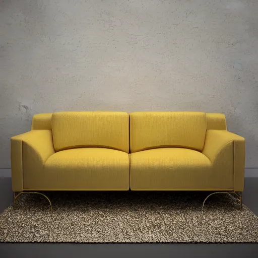 Prompt: couch made of hammered gold, in an empty room by itself, window lighting golden hour, 4k 8k hyper ultra realistic octane render, quixel megascan
