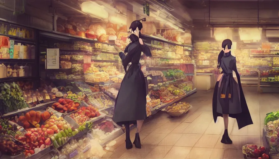 Image similar to photography of a woman grocer with frock, looks like ziyi zhang ， ponytail, grocery store around, winter, anime style character, clean soft lighting, backlit beautiful face, clean brush stroke, 8 k character concept art, by wolp and artgerm ， 3 d