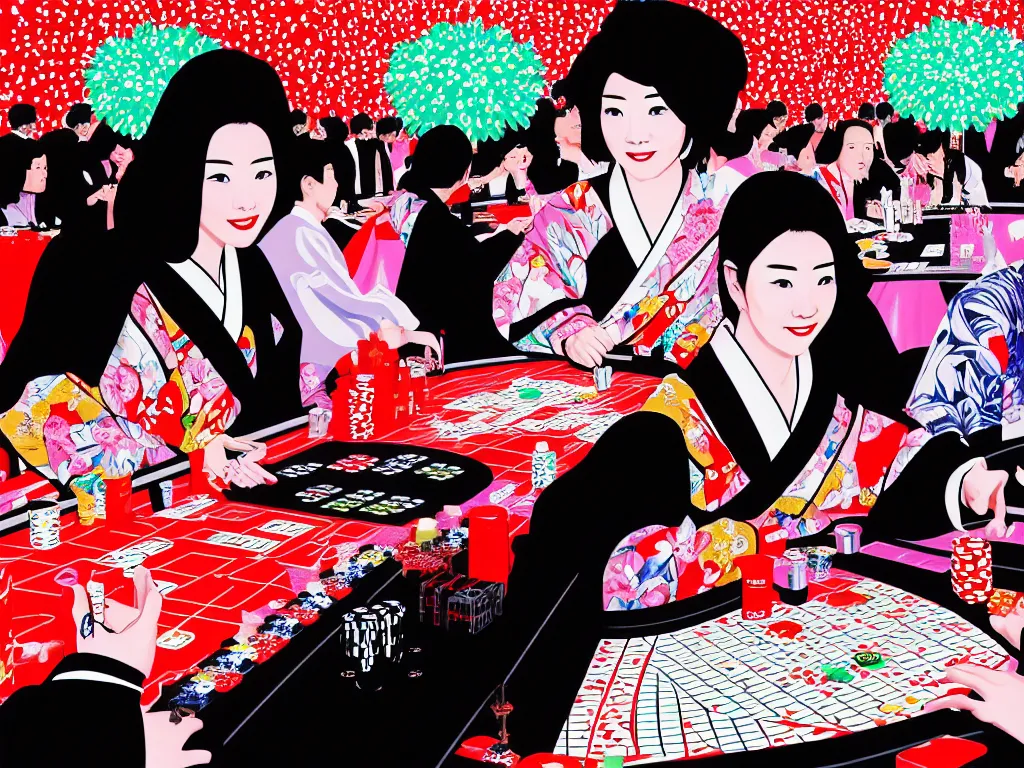 Image similar to hyperrealistim composition of the detailed single woman in a japanese kimono sitting at a extremely detailed poker table with darth vader, fireworks, river on the background, pop - art style, jacky tsai style, andy warhol style, acrylic on canvas