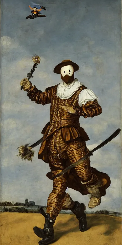 Image similar to faceless man flies over a landscape, he is wearing a comedy mask, he is wearing elizabethan boots and ruff, he carries a broadsword in his left hand, painted by frans hals, dramatic theater lighting