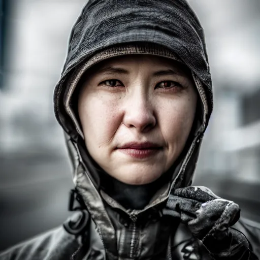 Image similar to photographic portrait of a poor techwear woman, closeup, sigma 85mm f/1.4, 4k, depth of field, high resolution, 4k, 8k, hd, full color