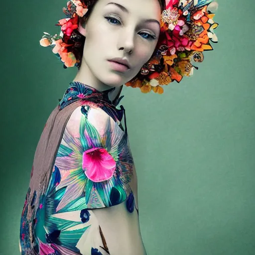 Image similar to a beautiful girl wearing an origami dress eye - level medium shot, fine floral ornaments in cloth and hair, hummingbirds, elegant, by eiko