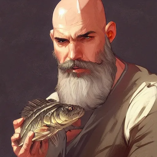 Image similar to wow! fanart bearded and bald man with a fish in his hand, d & d, high fantasy, detailed, digital art, artstation, smooth, sharp focus, art by artgerm, greg rutkowski, alphonse mucha