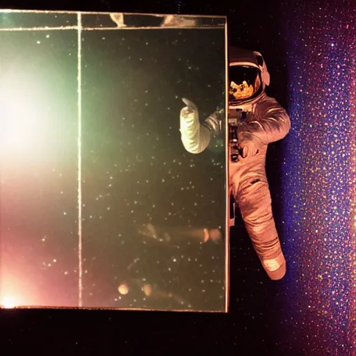 Image similar to astronaut in a room full of mirrors reflecting him, prism, rainbow glitter