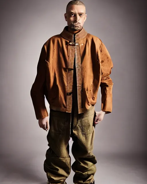 Prompt: a fashion editorial photo of a brown extremely baggy short ancient medieval designer menswear motorcycle jacket with an oversized collar and baggy bootcut trousers designed by alexander mcqueen, 4 k, studio lighting, wide angle lens