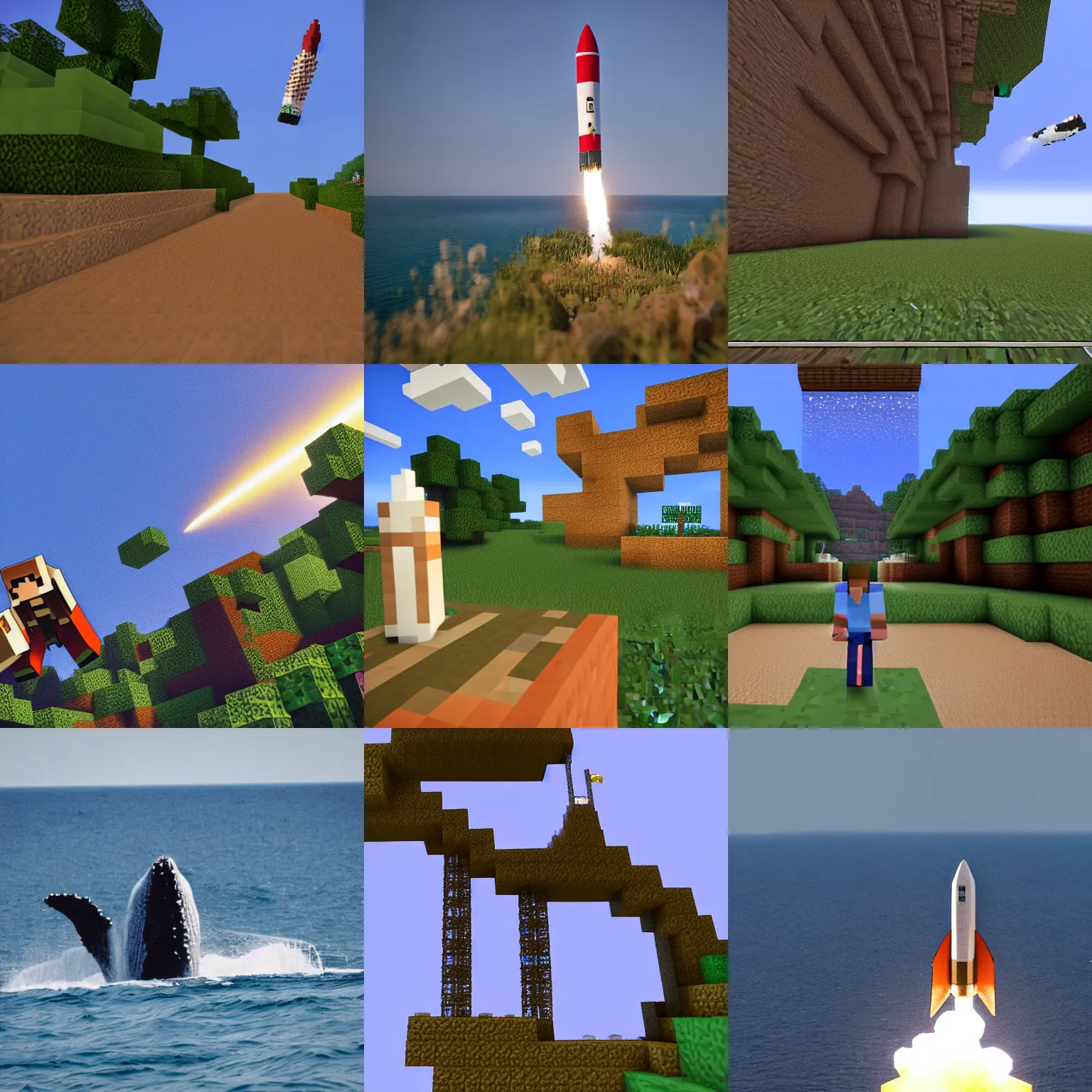 Prompt: A minecraft screen shot of a whale as a rocket launch in minecraft, 35mm, f/1.4, f1.8 anamorphic, bokeh, 4k, Canon, Nikon