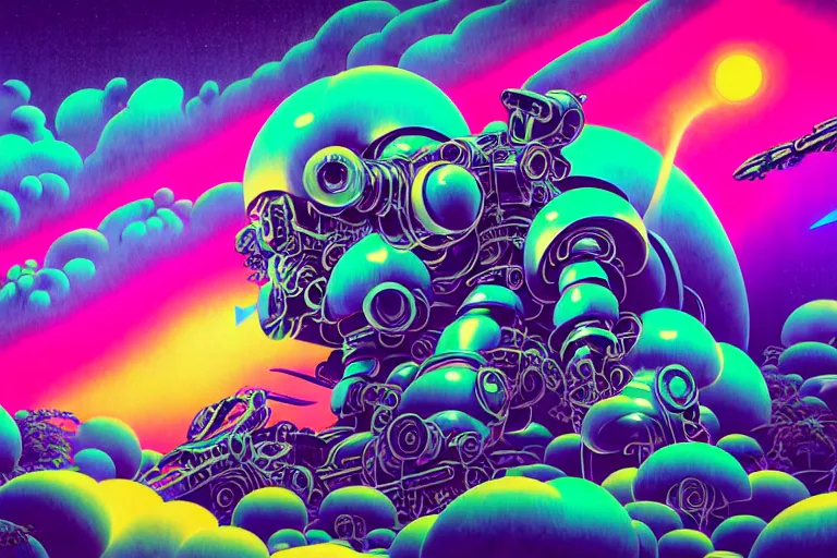 Image similar to muted vaporwave ombre, sharp focus, strong lighting, clean lines, sinister eldritch neural diaphanous skullpunk spirits in the enchanted intergalactic mecha garden, man - machine chimeric beholder polyphemous by okuda san miguel by jerimiah ketner by tatsuyuki tanaka by agostino arrivabene and wayne england