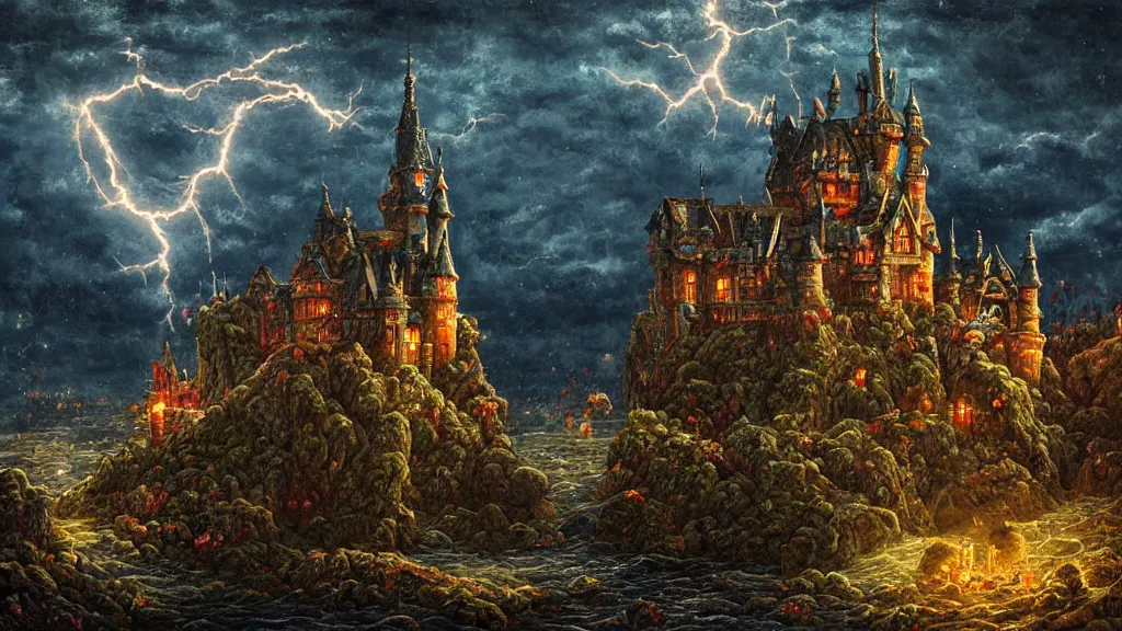 Image similar to ドット絵 and Pixel Art, Dark old fantasy castle on the hill, night cloudy sky, rain, lighting, thunder ,hyper detailed painting,Alchemy, Fantasy