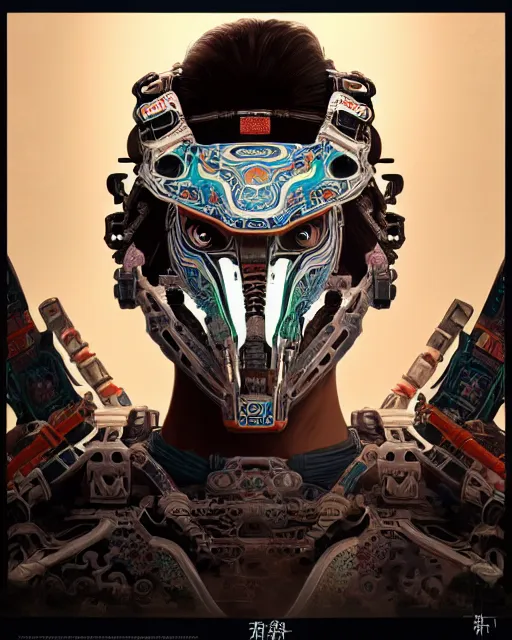 Image similar to portrait of a machine from horizon zero dawn, machine face, upper body, decorated with chinese opera motifs, asian, traditional chinese art, intricate, elegant, highly detailed, digital painting, artstation, concept art, smooth, sharp focus, illustration, art by artgerm and greg rutkowski and alphonse mucha, 8 k