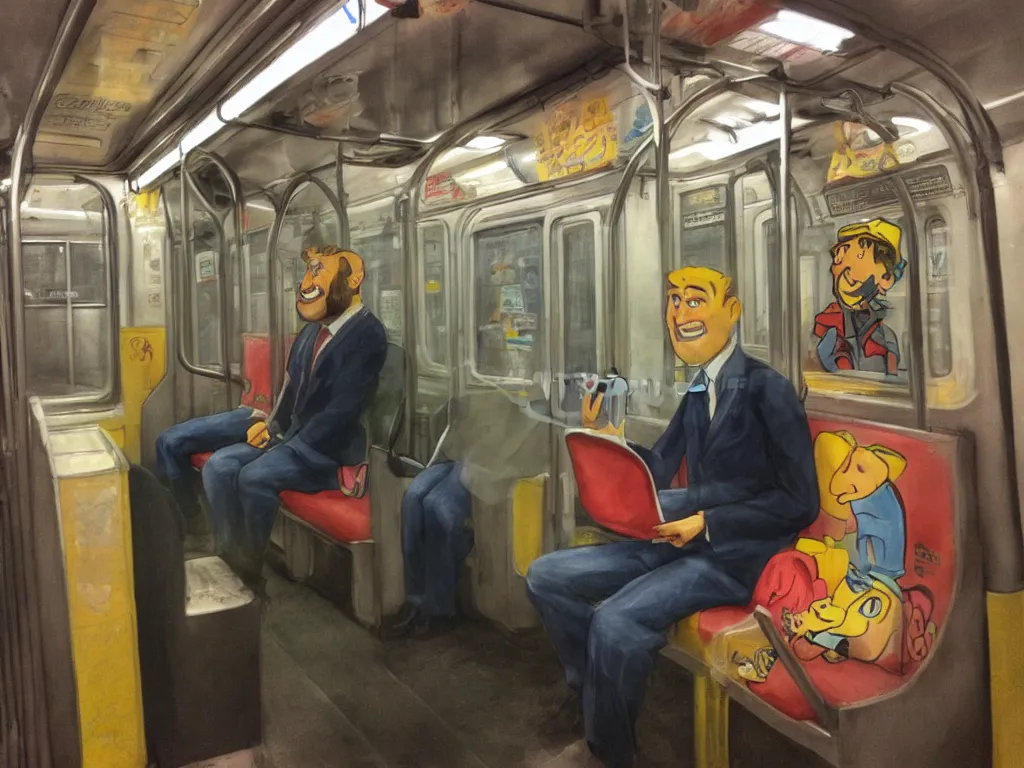 Image similar to a cartoon man in the style of Berkeley breathed!!, sitting in a realistic photo real Chicago subway car!!