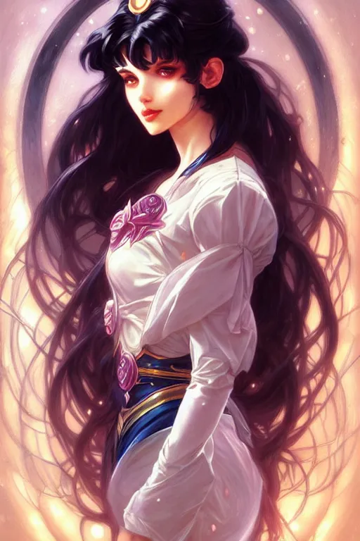 Image similar to a beautiful girl with long dark hair and bangs, sailor moon aesthetic, fantasy, intricate, elegant, highly detailed, digital painting, artstation, concept art, matte, sharp focus, illustration, art by Artgerm and Greg Rutkowski and Alphonse Mucha