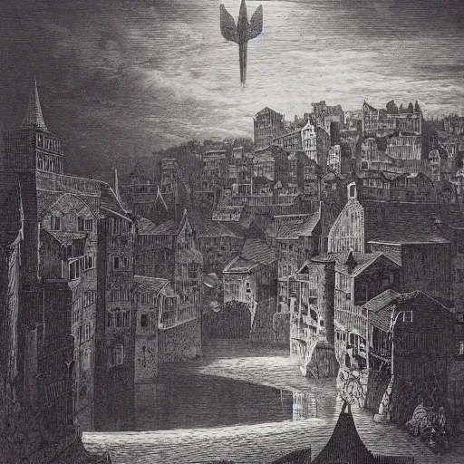 Prompt: medieval town floating in the sky, gustave dore engraving