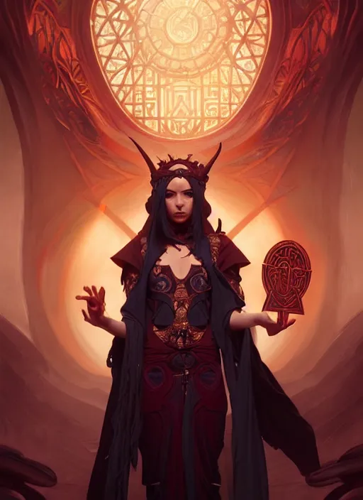 Image similar to a beautiful tiefling sorcerer with runic magic theme, intricate, sharp focus, illustration, highly detailed, digital painting, concept art, matte, art by WLOP and Artgerm and Greg Rutkowski and Alphonse Mucha, masterpiece