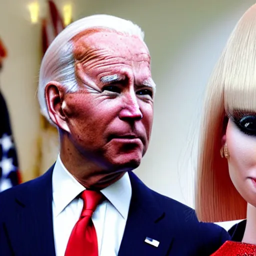 Image similar to photograph of a an alien wearing a blond wig and a red dress and Joe Biden at a press conference