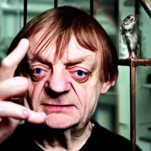 Prompt: mark e smith in a small cage in a pet shop window, his hands are up on the bars, the cage has a for sale tag, 4 k