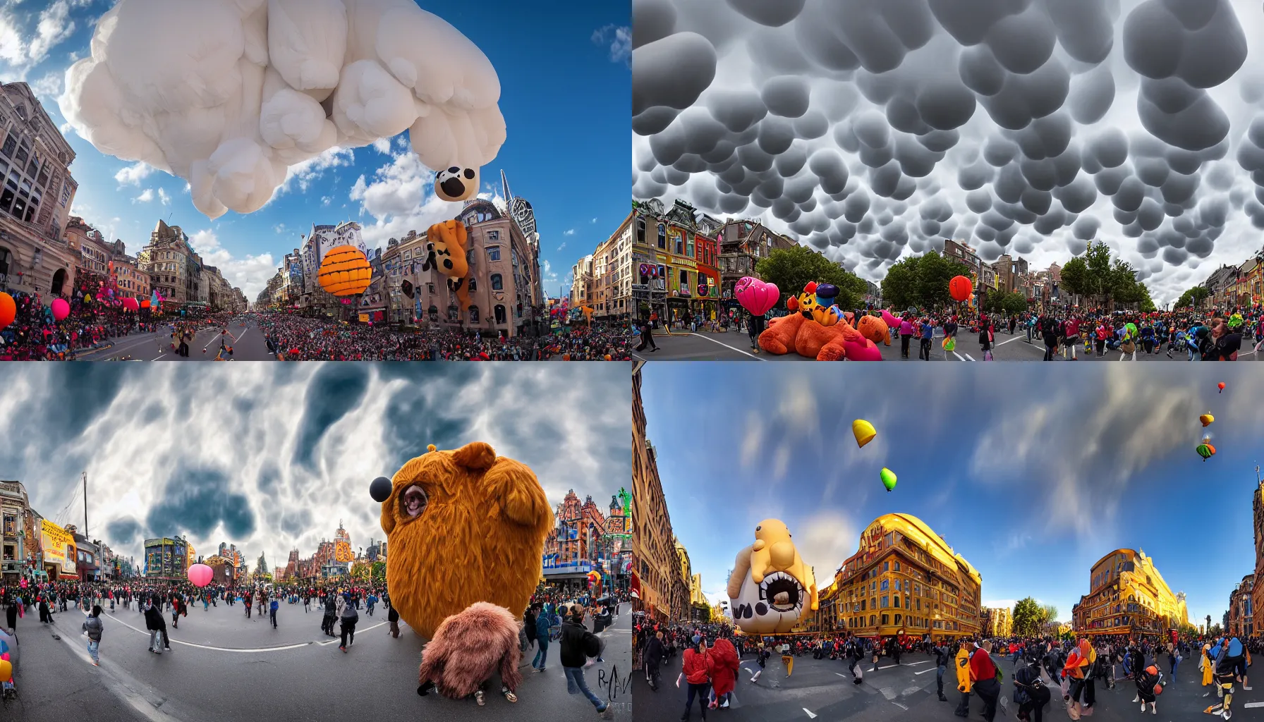 Prompt: a professional photograph of a very giant huge inflatable parade balloon of an very uncanny and unidentifiable furry animal that nearly fills a very beautiful city street. The furry balloon nearly fills the frame. Mammatus clouds worms eye shot, wide-angle, racking focus, extreme panoramic, Dynamic Range, HDR, chromatic aberration, Orton effect, Photo by Marc Adamus, Ryan Dyar, Ezra Stoller, and Andres Gursky