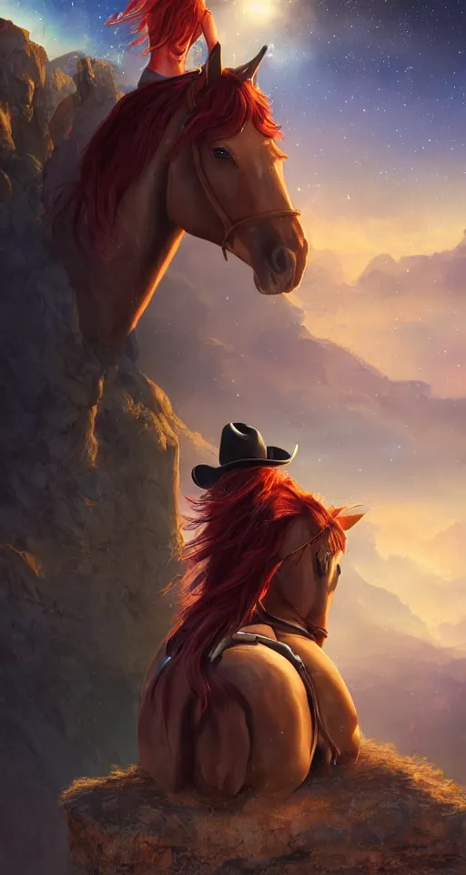 Prompt: a young cowgirl sitting on top of her horse, overlooking a canyon, red hair and blue eyes, stars and galaxies visible in the nightsky, sad and introspective, highly detailed, artstation, stunning, 8 k