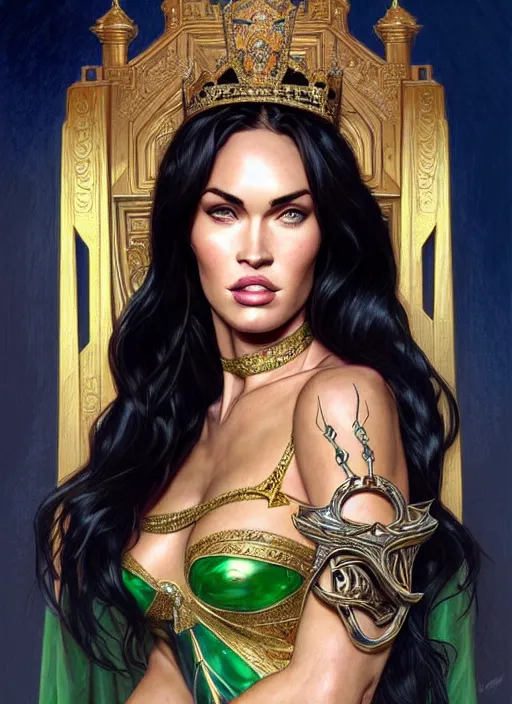 Prompt: portrait of megan fox as a queen, throne, jewelry, greek, emerald, intricate, headshot, highly detailed, digital painting, artstation, concept art, sharp focus, cinematic lighting, illustration, art by artgerm and greg rutkowski, alphonse mucha, cgsociety