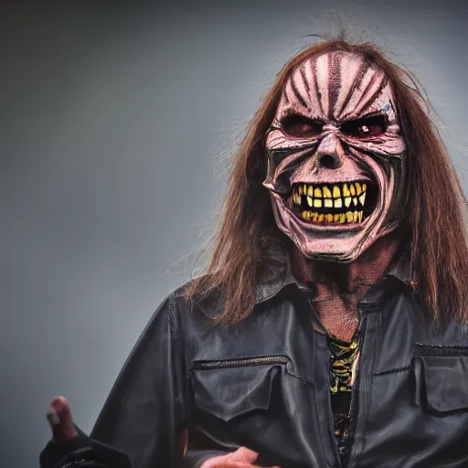 Prompt: Eddie The Head From Iron Maiden is a walking corpse coming down the hill from the graveyard with the weird weather lighting the way supernatural fog, realistic, DLSR, action photography