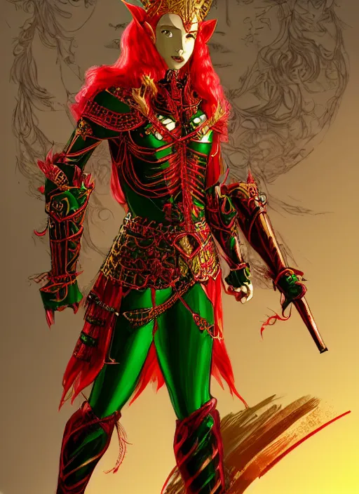 Prompt: Full body portrait of a handsome young red haired elven princess warrior wearing red, green and gold ornate leather armour and golden tiara. In style of Yoji Shinkawa and Hyung-tae Kim, trending on ArtStation, dark fantasy, great composition, concept art, highly detailed.