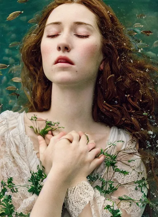 Image similar to Kodak Portra 400, 8K, soft light, volumetric lighting, highly detailed, britt marling style 3/4, Close-up portrait photography of a beautiful woman how pre-Raphaelites a woman with her eyes closed is surrounded by water face is surrounded by fish, she has a beautiful lace dress and hair are intricate with highly detailed realistic beautiful flowers , Realistic, Refined, Highly Detailed, natural outdoor soft pastel lighting colors scheme, outdoor fine art photography, Hyper realistic, photo realistic