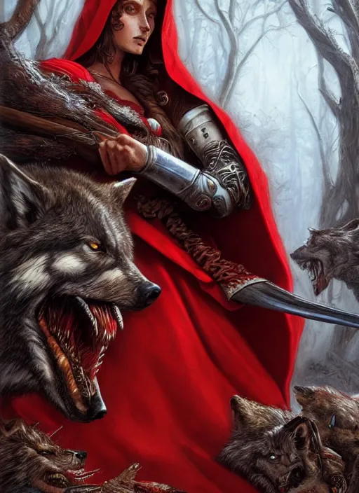 Image similar to digital _ picture _ little red riding hood, the wolf slayer _ filipe _ poles _ and _ justin _ gerard _ symmetrical _ fantasy _ very _ detailed _ realistic _ complex _ clear focus
