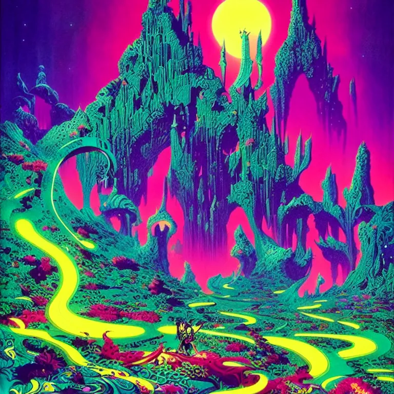 Image similar to infinite crystal ascent, bright neon colors, highly detailed, cinematic, eyvind earle, tim white, philippe druillet, roger dean, lisa frank, aubrey beardsley