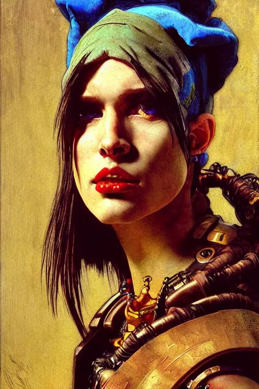 Prompt: full character portrait max mad cyberpunk warhammer 4 0 k, tech priest not the girl with the pearl earring character design, painting by gaston bussiere, katsuya terada, wyeth, ( ( ( ( ( vermeer ) ) ) ) ), frank frazetta, mucha, tom of finland, trending on artstation