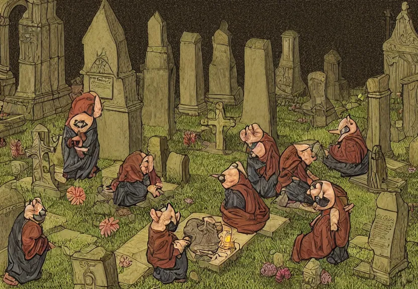 Prompt: possums dressed as monks at a medieval cemetery at night, highly detailed, digital art, isometric