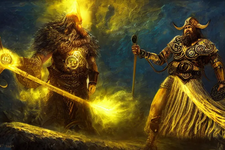 Prompt: mythological warrior viking Shaman of artificial intelligence creating an artificial neural network with yellow synapses on an anvil, dark mystical valhalla in the background, high resolution, award winning art, trending on art station, sharp image, incredibly detailed, detailed character realistic painting,