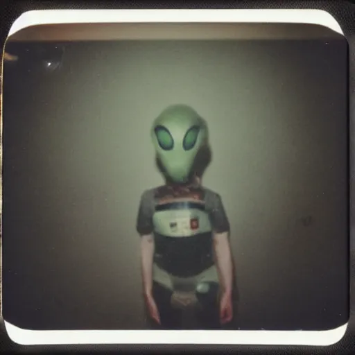 Prompt: Alien caught on camera basement polaroid photo 90s out of focus