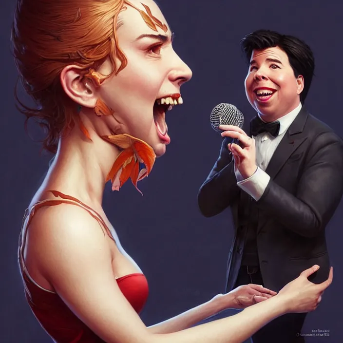 Image similar to michael mcintyre flirting with a singing waitress, elegant, real life skin, intricate artwork, high detailed, artstation, concept art, smooth, sharp focus, art by artgerm and greg rutkowski