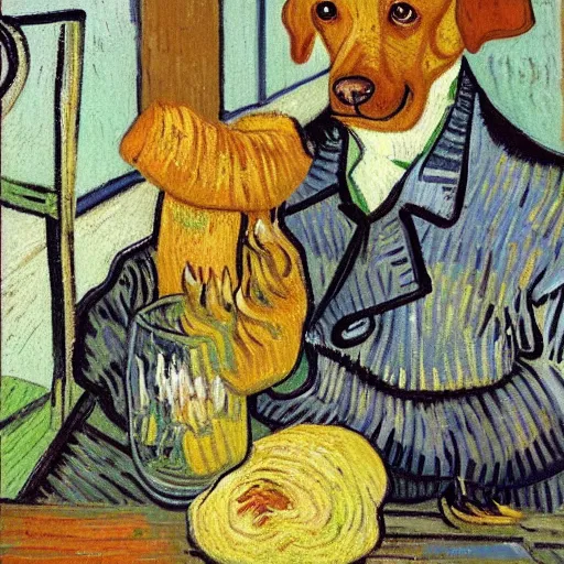 Prompt: dog eating croissants in paris, painted by van gogh