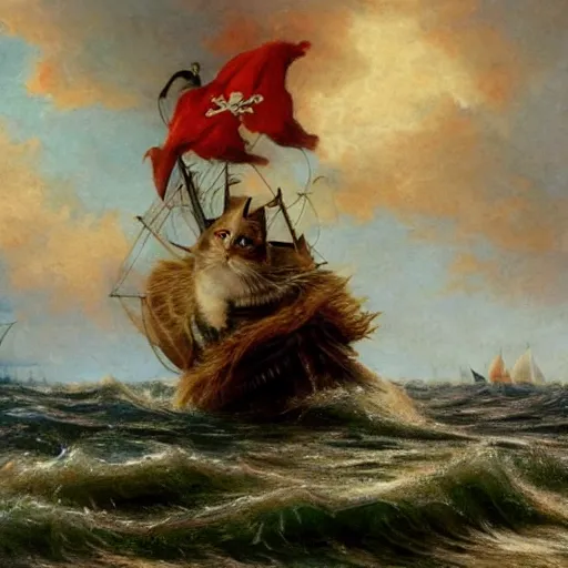 Image similar to a pirate cat sails his ship toward the gathering storm on the horizon, oil on canvas, 1 8 8 3, highly detailed