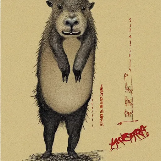 Image similar to evil capybara, campy horror illustration, highly detailed and disturbing