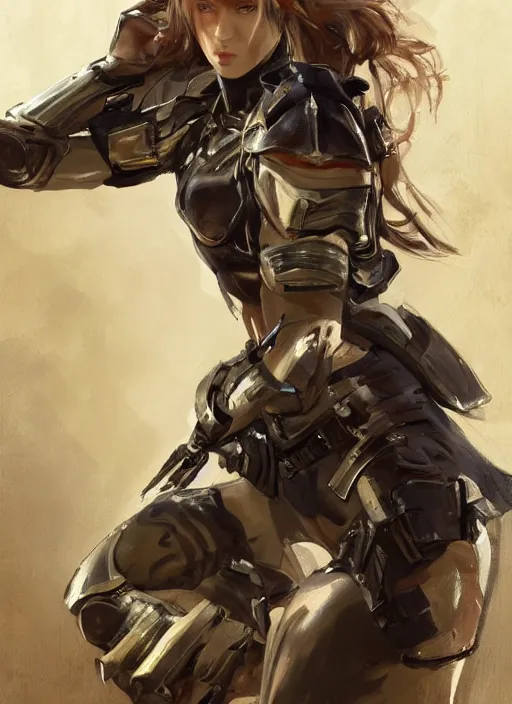 Image similar to a professionally painted full body portrait of an attractive young female, clothed in military-style battle armor, olive skin, long dark hair, beautiful bone structure, symmetrical facial features, intricate, elegant, digital painting, concept art, smooth, sharp focus, illustration, finely detailed, from Metal Gear by Ruan Jia and Mandy Jurgens and Artgerm and William-Adolphe Bouguerea