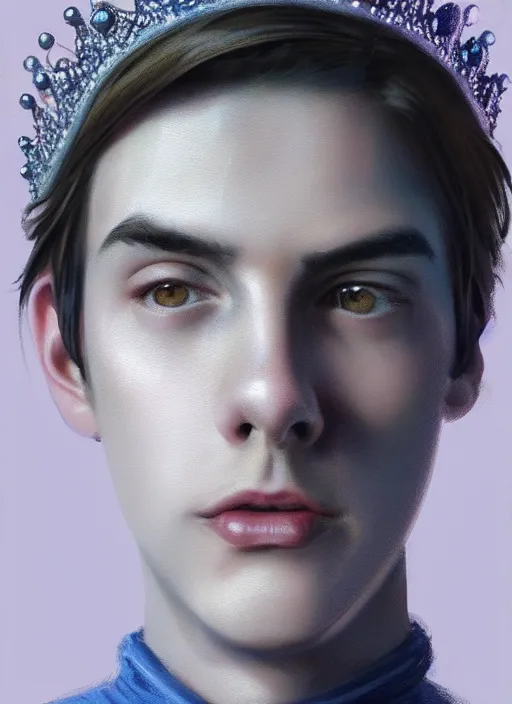 Image similar to portrait of teenage jughead jones wearing a light grey crown, crown, blue turtleneck, 1 9 5 0 s, closed eyes, photorealistic, black hair, glowing lighting, intricate, elegant, glowing lights, highly detailed, digital painting, artstation, concept art, smooth, sharp focus, illustration, art by wlop, mars ravelo and greg rutkowski